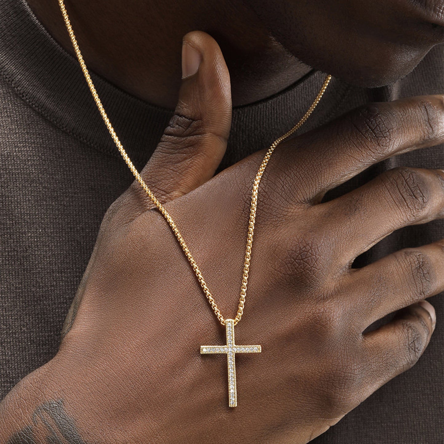 18K Gold Hip-Hop Style Cross Necklace with Cubic Zirconia Inlay(NE-GR-007)
