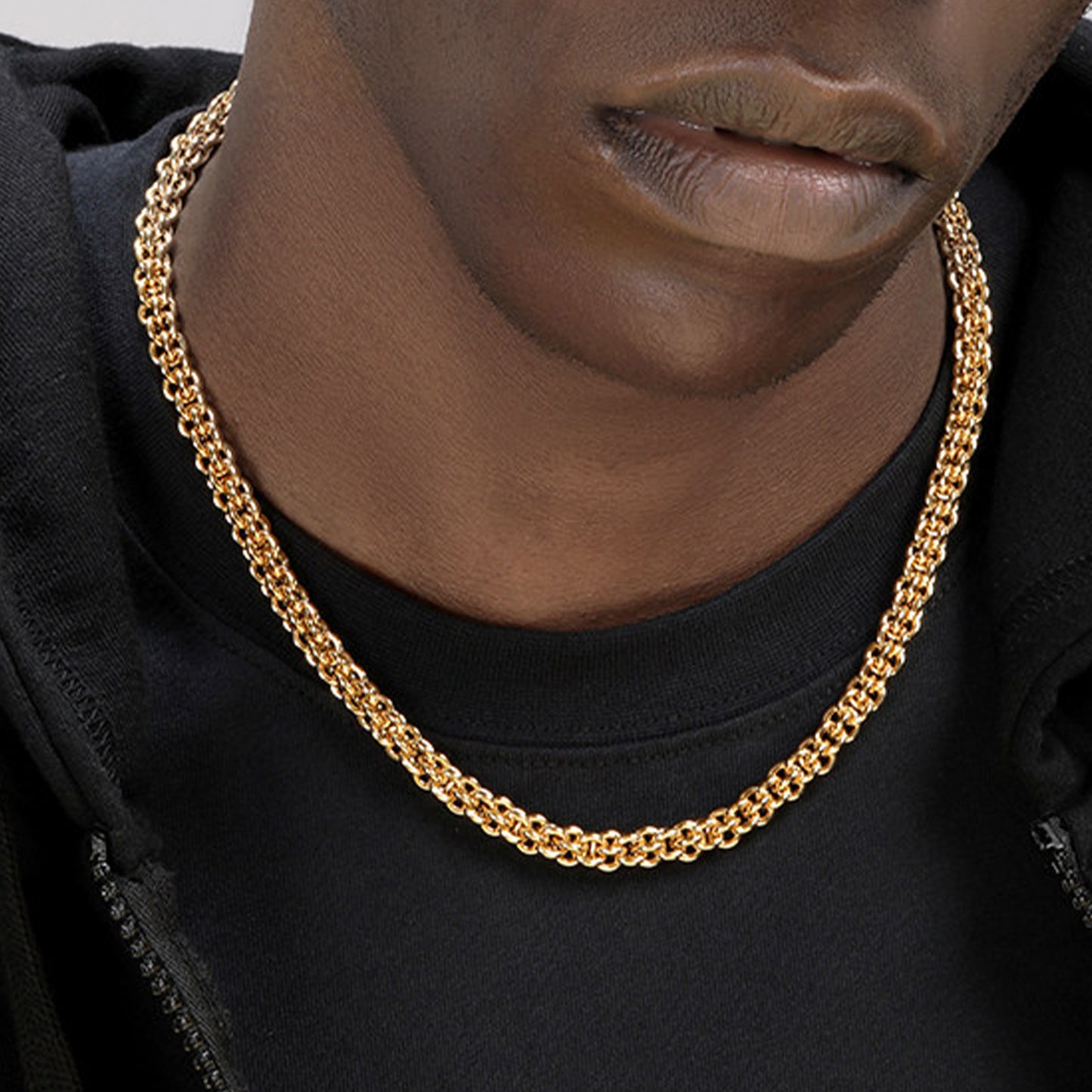 18K Gold Plated Necklace 7mm – Hip-Hop Urban Style Titanium Steel Choker(NE-GR-005)