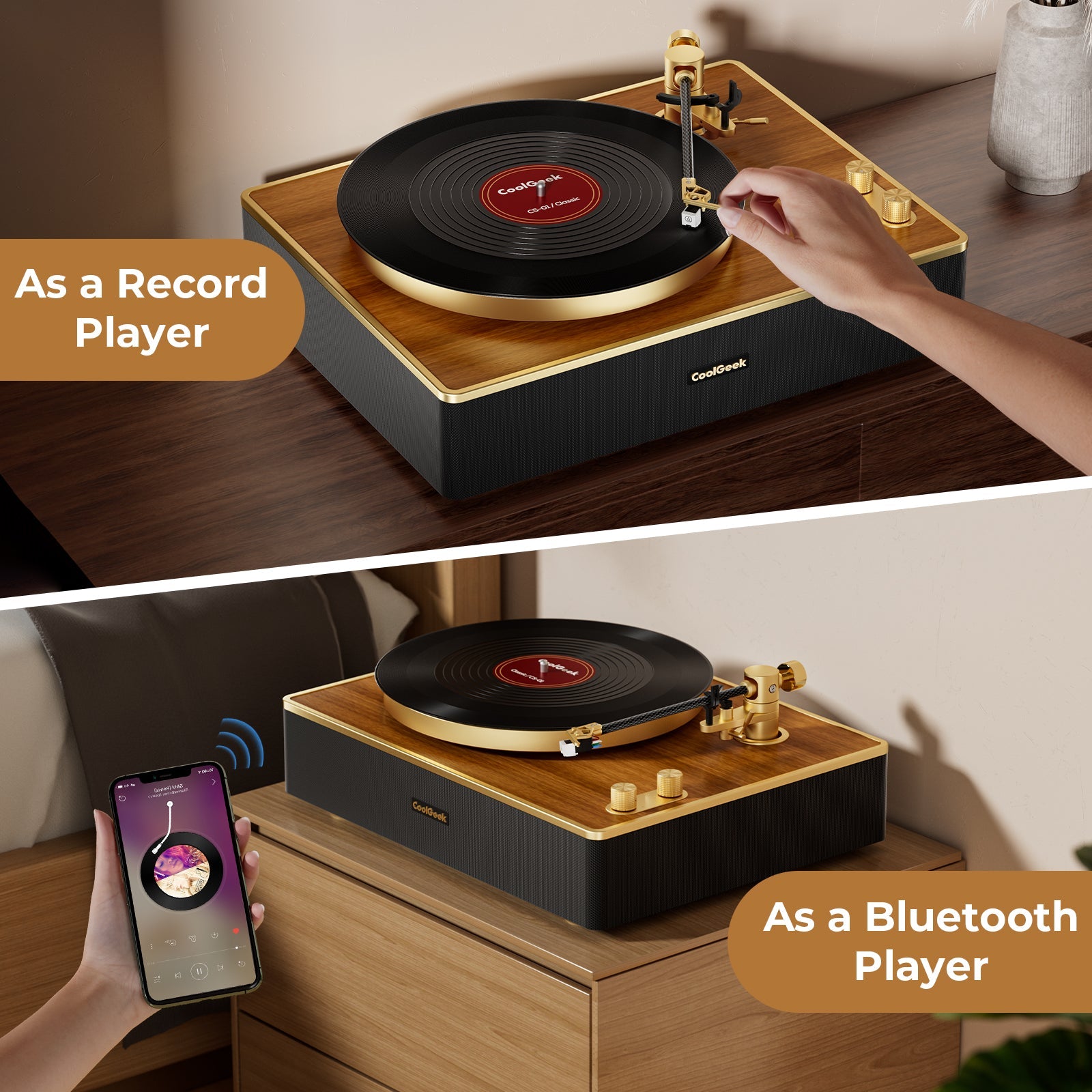 CoolGeek CS-01 the Bluetooth Vinyl Record Player(Walnut)