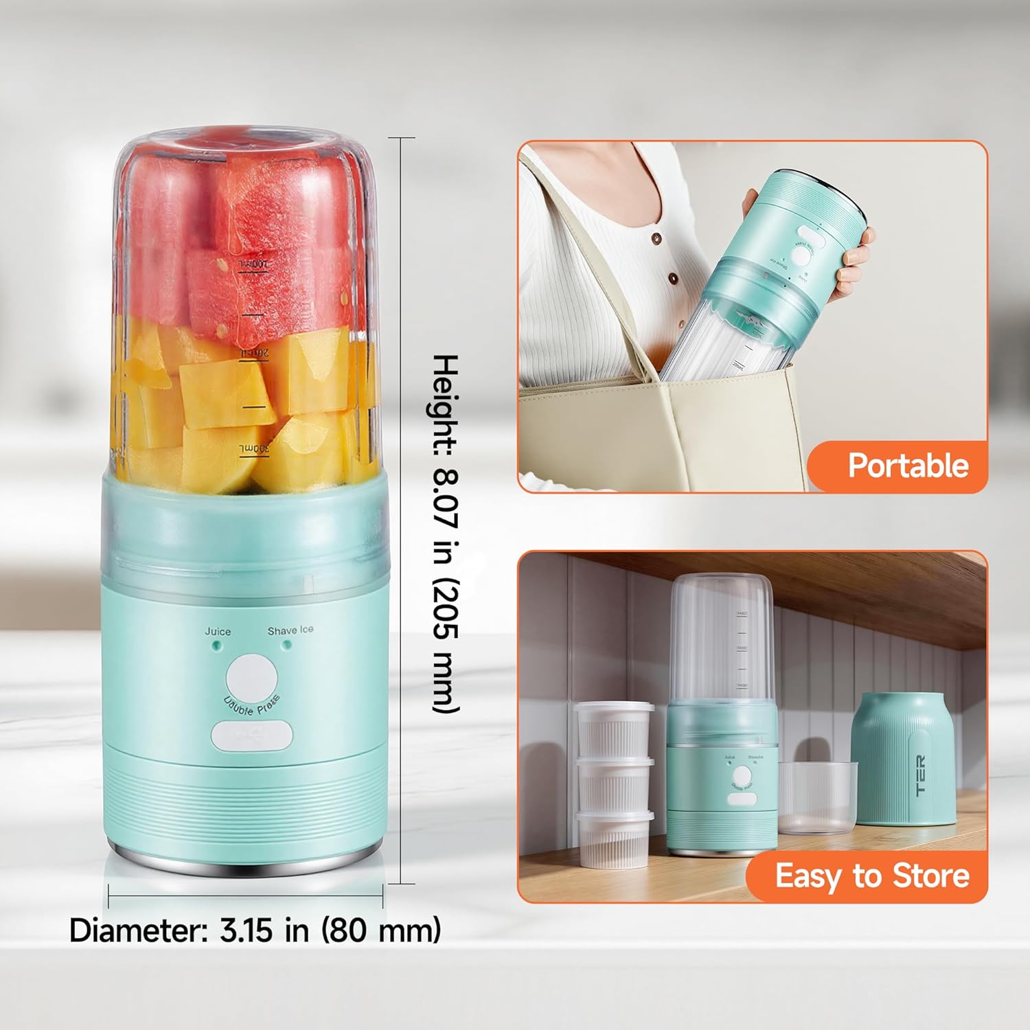 2-in-1 Portable Smoothie Blender & Snow Cone Maker, Cordless Rechargeable Ice Shaver for Shakes, Slushies, and Frozen Drinks, 3 Reusable Ice Mold Cups, Easy to Clean Personal Blender for Home & Travel