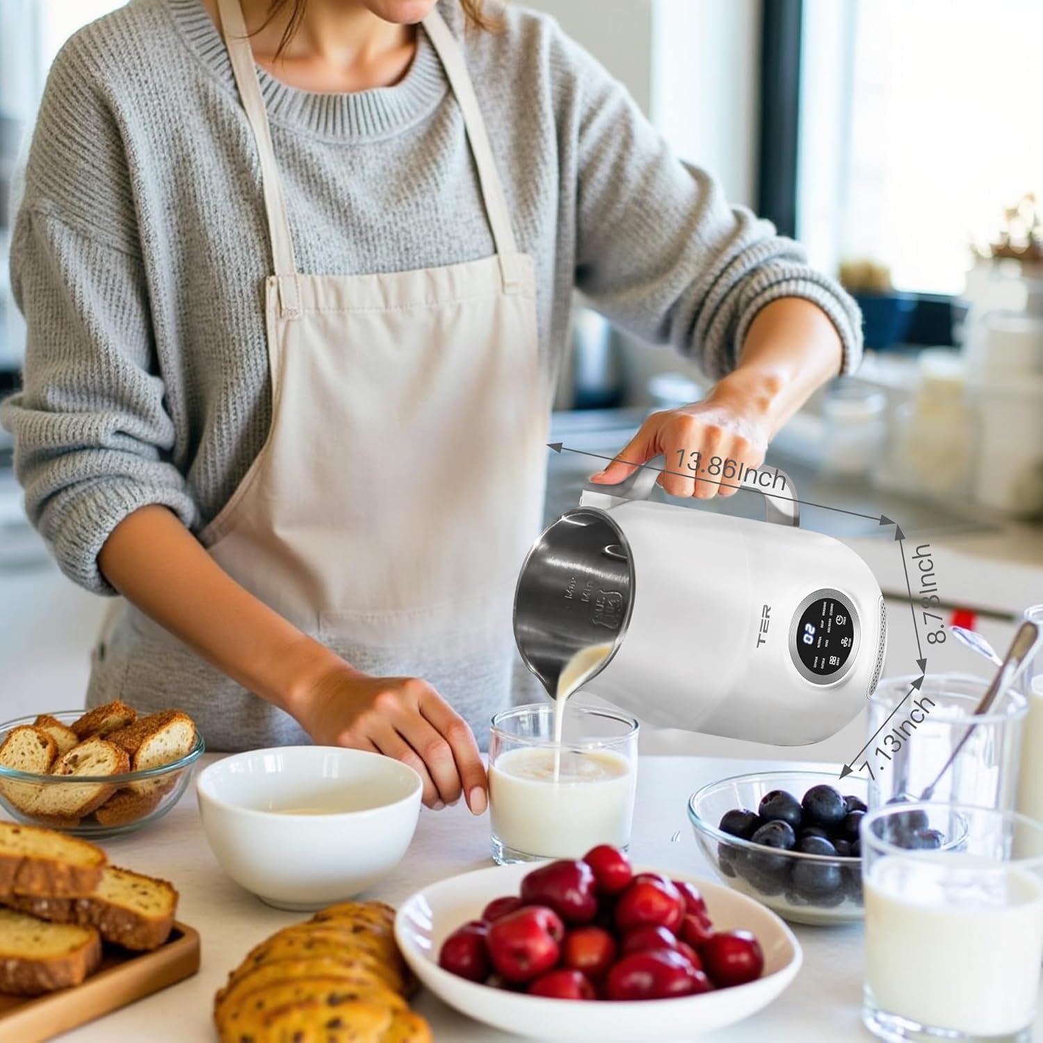 8-in-1 Nut Milk Maker, 40oz Blender Homemade Almond, Oat, Soy, Coconut milk, Juice & Soup, Electric Bean Milk Machine with Delay Start/Auto-Clean/Boil Water/Keep Warm, White